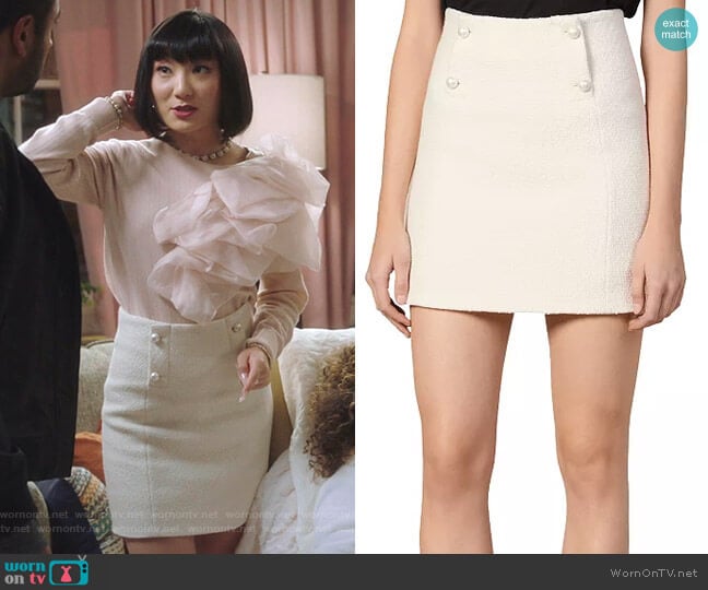 Mei’s white tweed mini skirt on Sunnyside