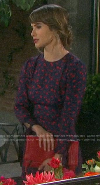 Sarah’s navy and red floral dress  at Lani’s wedding on Days of our Lives