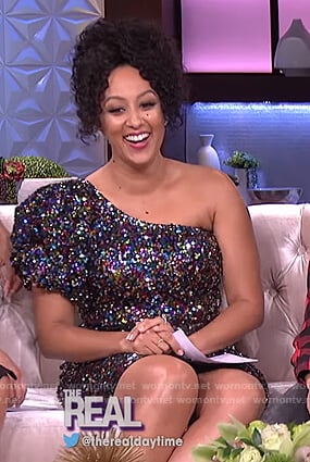 Tamera’s one shoulder sequin dress on The Real