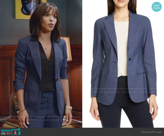 WornOnTV: Edie’s blue suit and black button front top on Almost Family ...