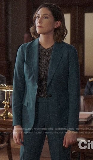 Sydney’s teal suit and herringbone top on Bluff City Law