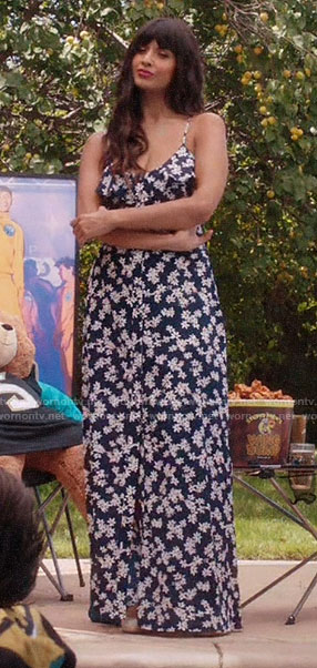 Tahani's navy floral maxi dress on The Good Place