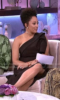 Tamera’s black asymmetric one-shoulder dress on The Real