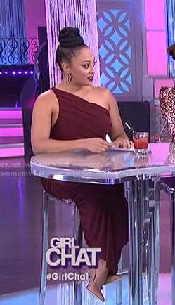 Tamera's burgundy one-shoulder ruched dress on The Real