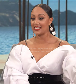 Tamera Mowry’s two tone off-shoulder dress on Access Hollywood