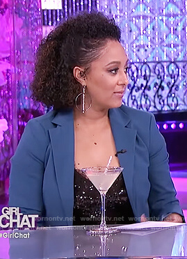 Tamera’s black sequin cami and teal suit on The Real
