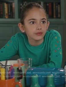 Anna’s teal grommet sweater on American Housewife