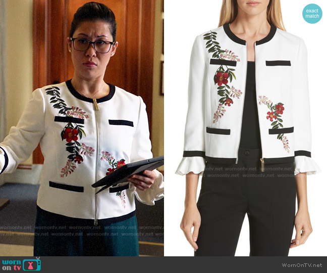 Ted Baker Aimmii Embroidered Jacket worn by Sherri Kansky (Ruthie Ann Miles) on All Rise