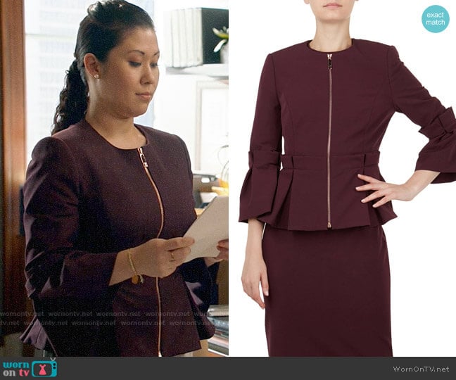 Ted Baker Maggi Pleated Peplum Jacket worn by Sherri Kansky (Ruthie Ann Miles) on All Rise