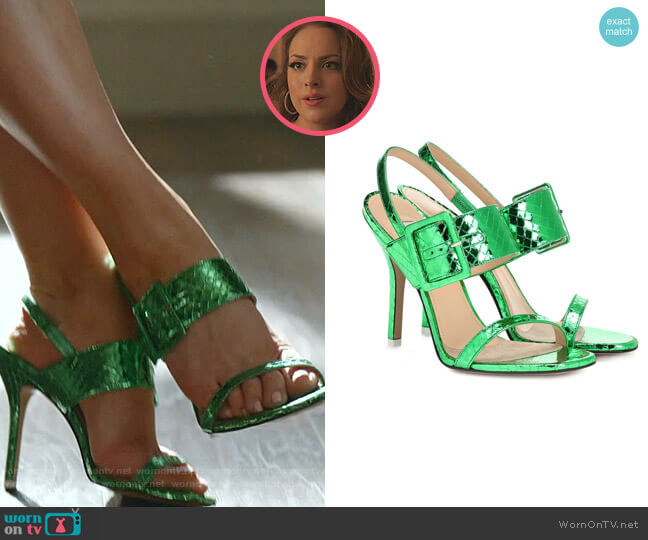 Embossed Metallic Leather Sandals by The Attico worn by Fallon Carrington (Elizabeth Gillies) on Dynasty