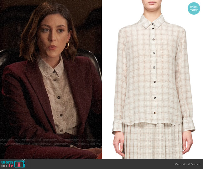 The Row Jonas Squiggle Print Button-Front Silk Shirt worn by Sydney Strait (Caitlin McGee) on Bluff City Law