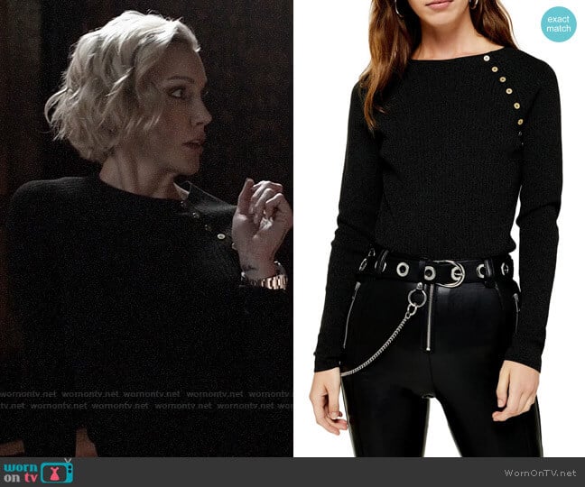 Laurel’s black buttoned shoulder sweater on Arrow