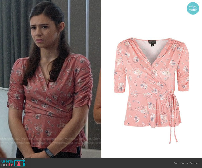 Topshop Print Ruched Sleeve Wrap Top worn by Nia Nal (Nicole Maines) on Supergirl
