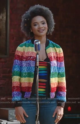 Vanessa’s rainbow sequin jacket and tie dye top on Dynasty