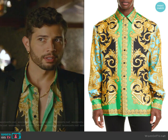 Baroque Print Button-Up Silk Shirt by Versace worn by Sam Flores (Rafael de la Fuente) on Dynasty