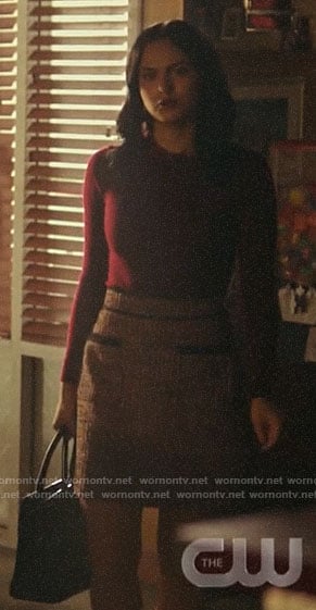 Veronica's burgundy ruffle neck sweater and tweed skirt on Riverdale