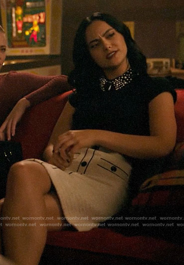 Veronica's button front skirt and black embellished collar top on Riverdale