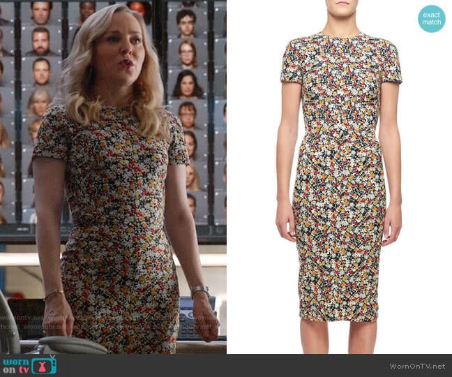 Victoria Beckham Short-Sleeve Floral-Print Midi Dress worn by Marissa Morgan (Geneva Carr) on Bull