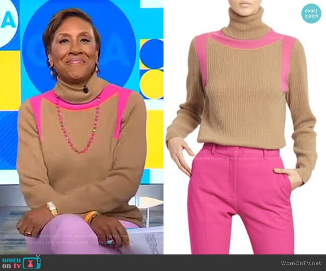 Contrast Panel Ribbed Cashmere Turtleneck Sweater by Victoria Beckham worn by Robin Roberts on Good Morning America