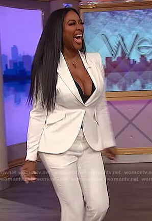 Kenya Moore’s white blazer and pants on The Wendy Williams Show