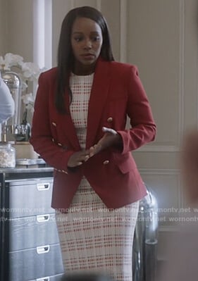 Michaela's check midi dress and red blazer on How to Get Away with Murder