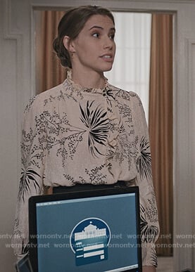 Stevie's floral print ruffle blouse on Madam Secretary