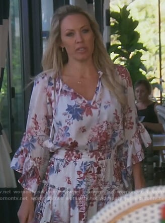 Braunwyn’s white floral ruffle dress on The Real Housewives of Orange County