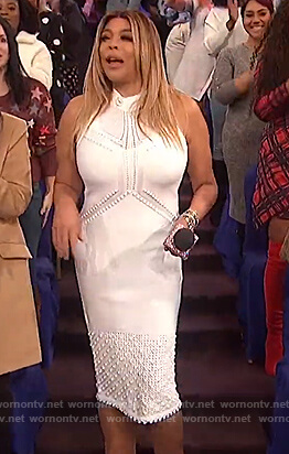 Wendy’s white sleeveless pointelle knit dress on The Wendy Williams Show