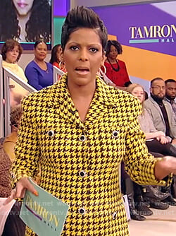 Tamron’s yellow houndstooth blazer and skirt on Tamron Hall Show