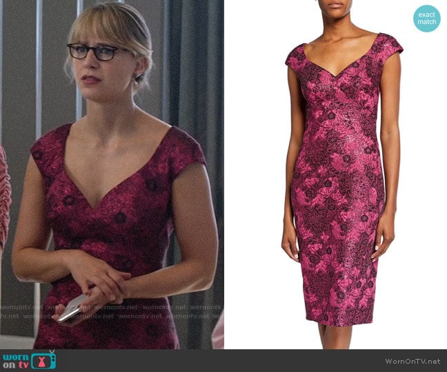 Zac Posen Metallic Floral-Jacquard Cocktail Dress worn by Kara Danvers (Melissa Benoist) on Supergirl