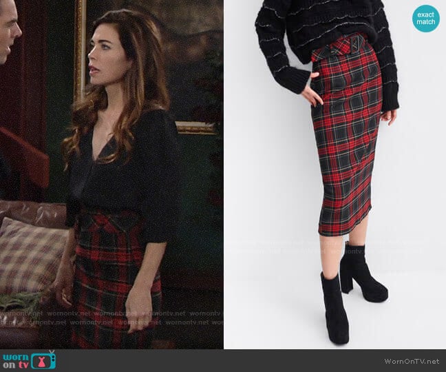 Zara Plaid Midi Skirt worn by Victoria Newman (Amelia Heinle) on The Young and the Restless