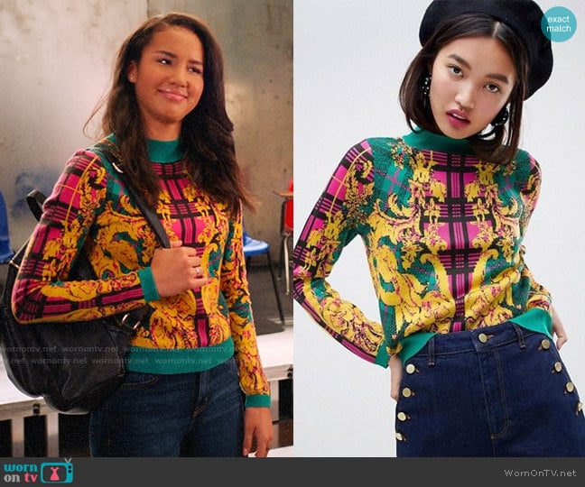ASOS DESIGN sweater in check and barroque pattern worn by Gina (Sofia Wylie) on High School Musical The Musical The Series