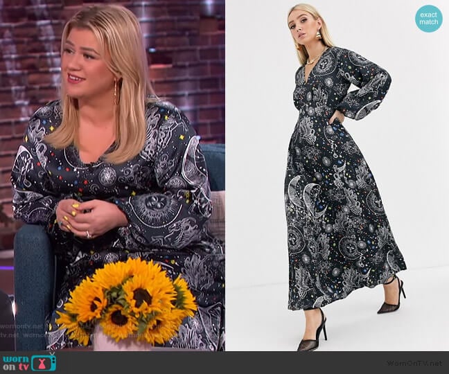 Maxi Dress with Puff Sleeves in Satin Astroligical Print by ASOS worn by Kelly Clarkson on The Kelly Clarkson Show