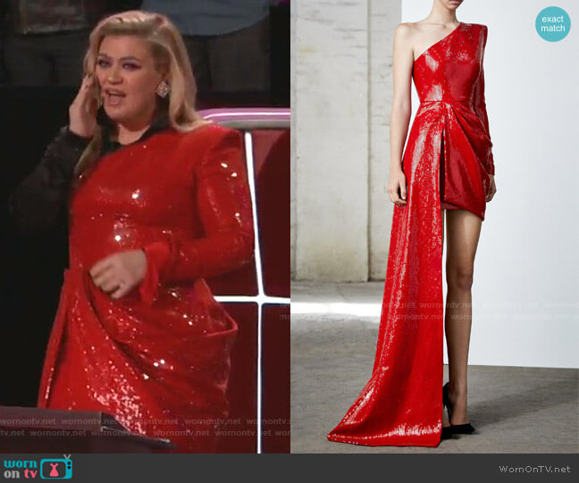 Preston Sequined One-Shoulder Asymmetrical Dress by Alex Perry worn by Kelly Clarkson  on The Voice