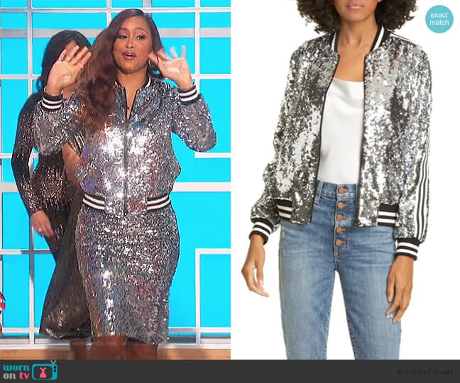 Lonnie Sequin Cropped Bomber Jacket by Alice + Olivia worn by Eve on The Talk