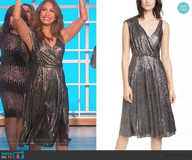 Roxy Metallic Drape Front Sleeveless Midi Dress by Alice + Olivia worn by Carrie Inaba on The Talk