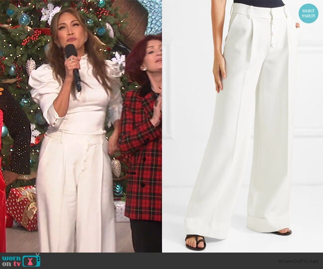 Tomasa crepe wide-leg pants by Alice + Olivia worn by Carrie Inaba on The Talk