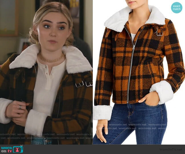 Faux-Fur Trim Plaid Coat by Aqua worn by Taylor Otto (Meg Donnelly) on American Housewife