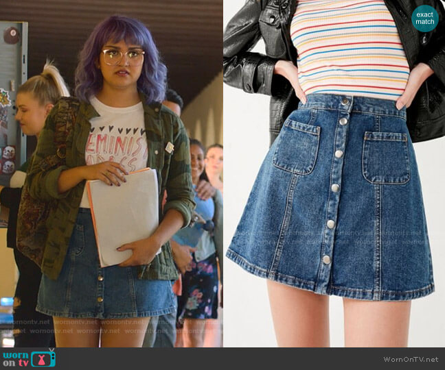 Denim Button-Front Skirt by BDG worn by Gert Yorkes (Ariela Barer) on Marvels Runaways