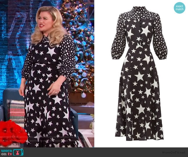 Emanuelle star-print silk-crepe dress by Bella Freud worn by Kelly Clarkson on The Kelly Clarkson Show