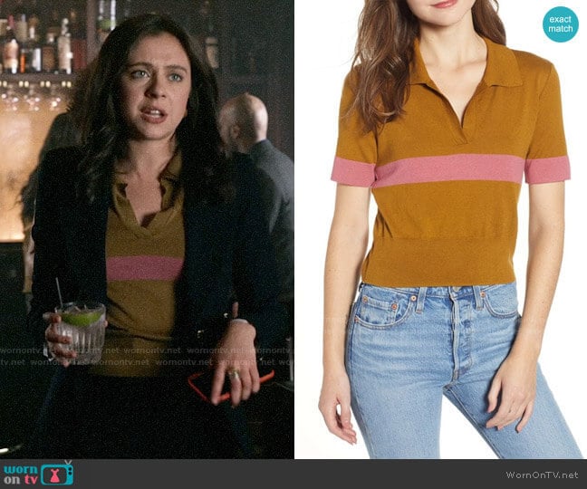 BP Stripe Polo Sweater worn by Claire Conway (Bel Powley) on The Morning Show