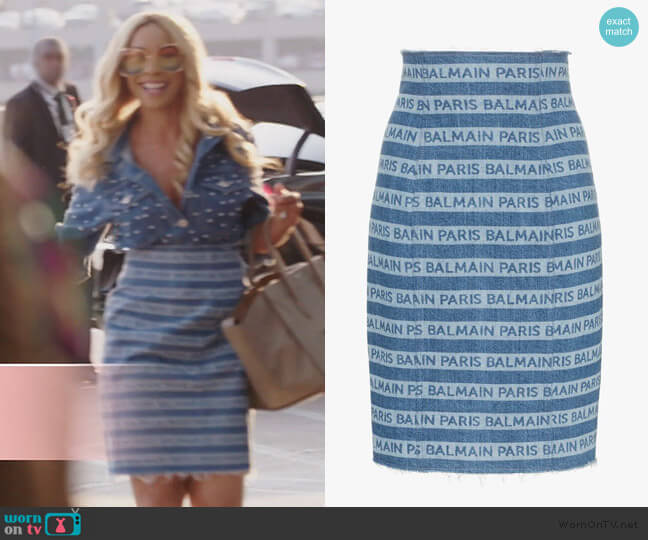 Denim Stripe Logo Pencil Skirt by Balmain worn by Yovanna Momplaisir on The Real Housewives of Atlanta