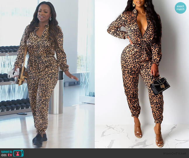 Zip-Front Leopard-Print Jumpsuit by Bellizimos worn by Kandi Burruss on The Real Housewives of Atlanta