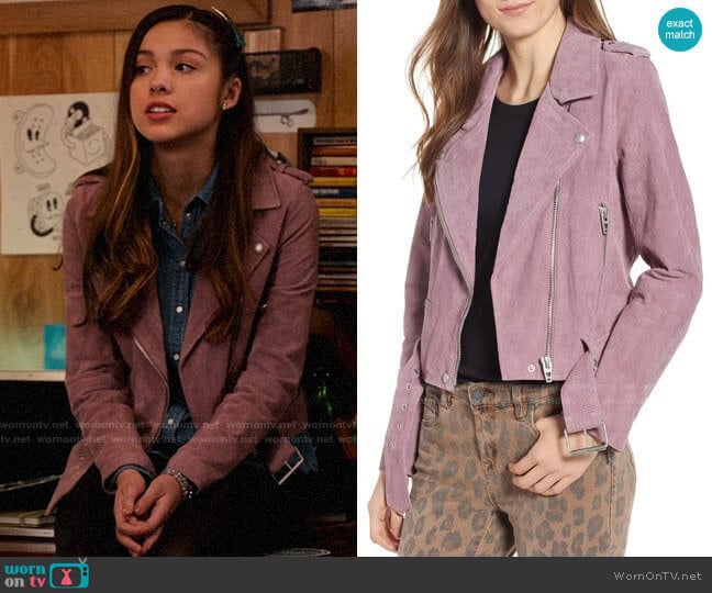 Blank NYC Lilac Suede Moto Jacket worn by Nini (Olivia Rodrigo) on High School Musical The Musical The Series