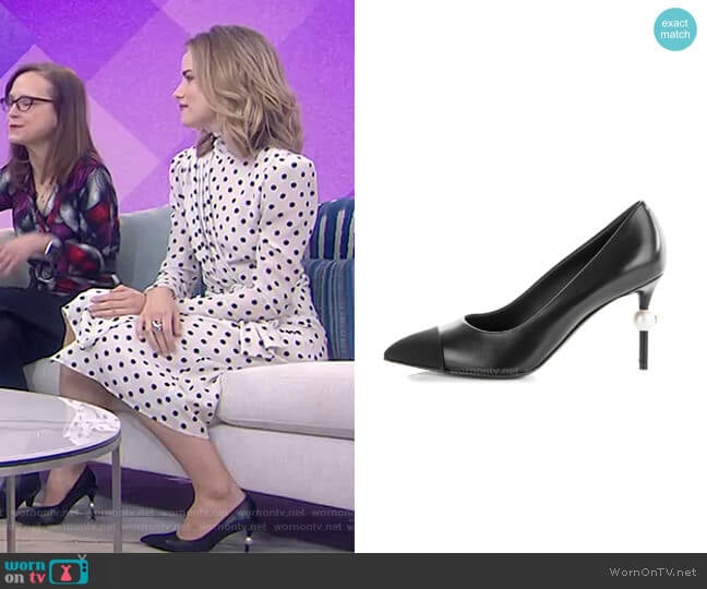 Goatskin Grosgrain Cap Toe Pearl Pumps by Chanel worn by Willa Fitzgerald on Today Show