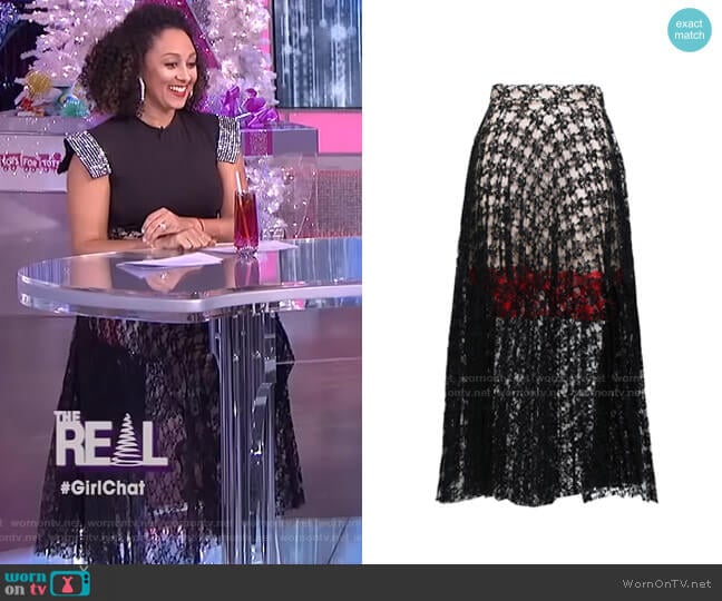 Pleated Lace Midi Skirt by Christopher Kane worn by Tamera Mowry on The Real