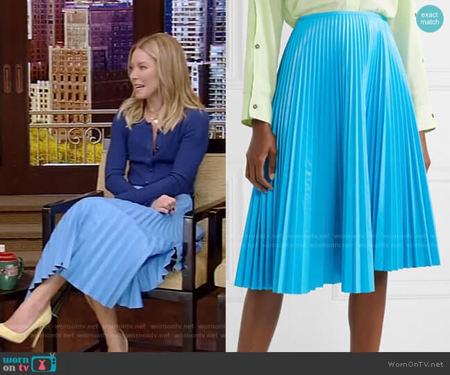 Pleated Faux Leather Skirt by Cédric Charlier worn by Kelly Ripa on Live with Kelly and Mark