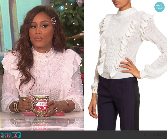 Ruffle-Front High-Neck Sweater by Chloe worn by Eve on The Talk