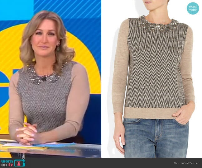 Crystal-Collar Herringbone Sweater by J. Crew worn by Lara Spencer on Good Morning America