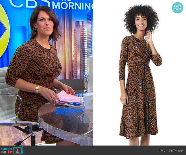 Criss Cross Front Animal Printed Jersey Dress by Donna Morgan worn by Dana Jacobson on CBS Mornings